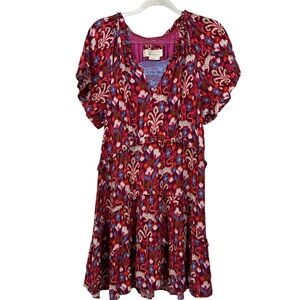 By Anthropologie Red Ikat Damask Tiered Lace V-Neck Flutter Sleeve Mini Dress M